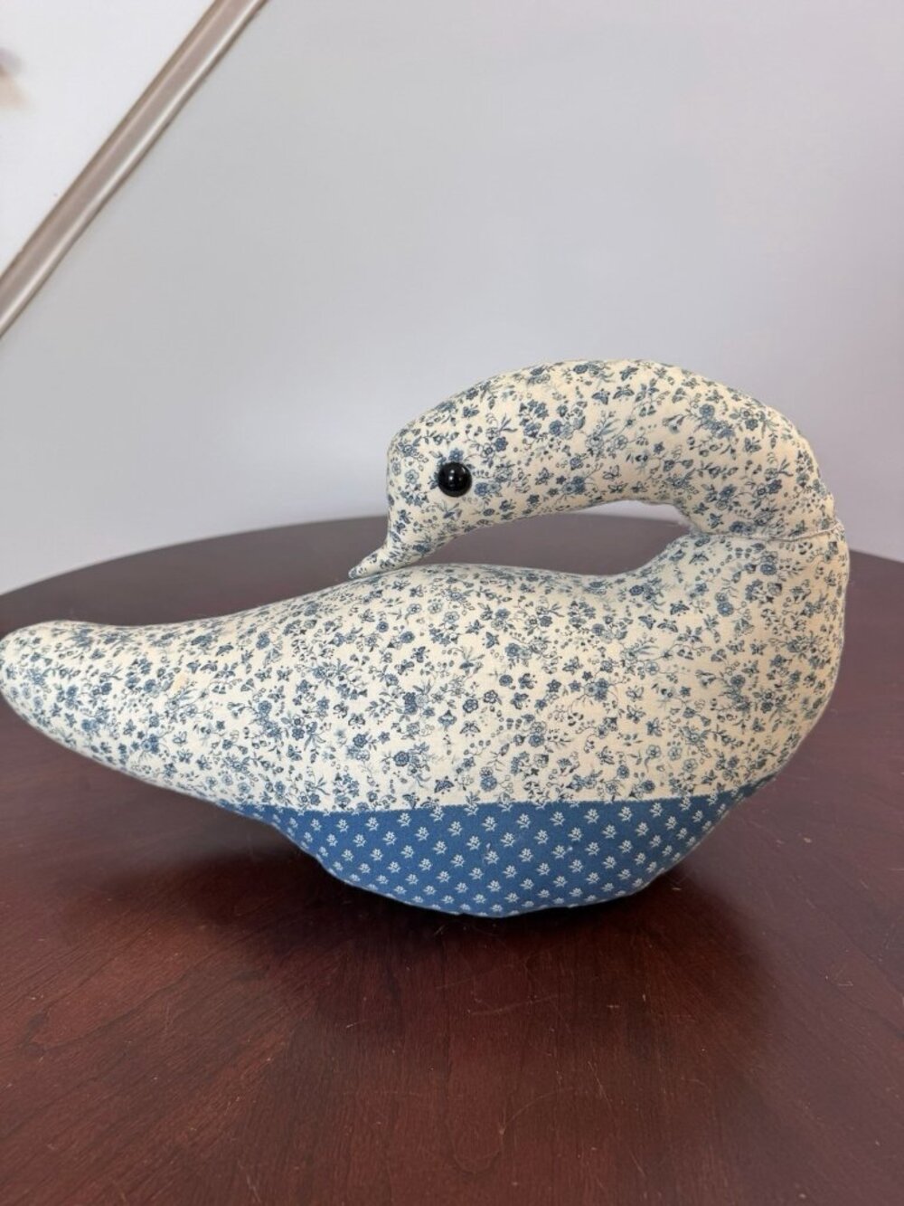 Handmade Stuffed Goose Weighted Blue White Floral Door Stop Figurine Cottagecore